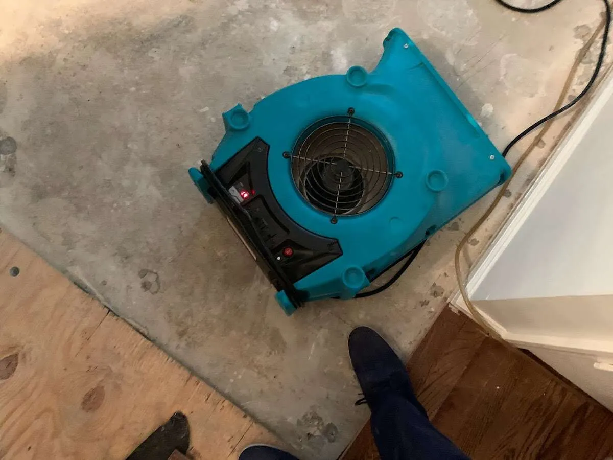 Air mover drying subfloor during Commercial Water Damage Restoration in Franconia